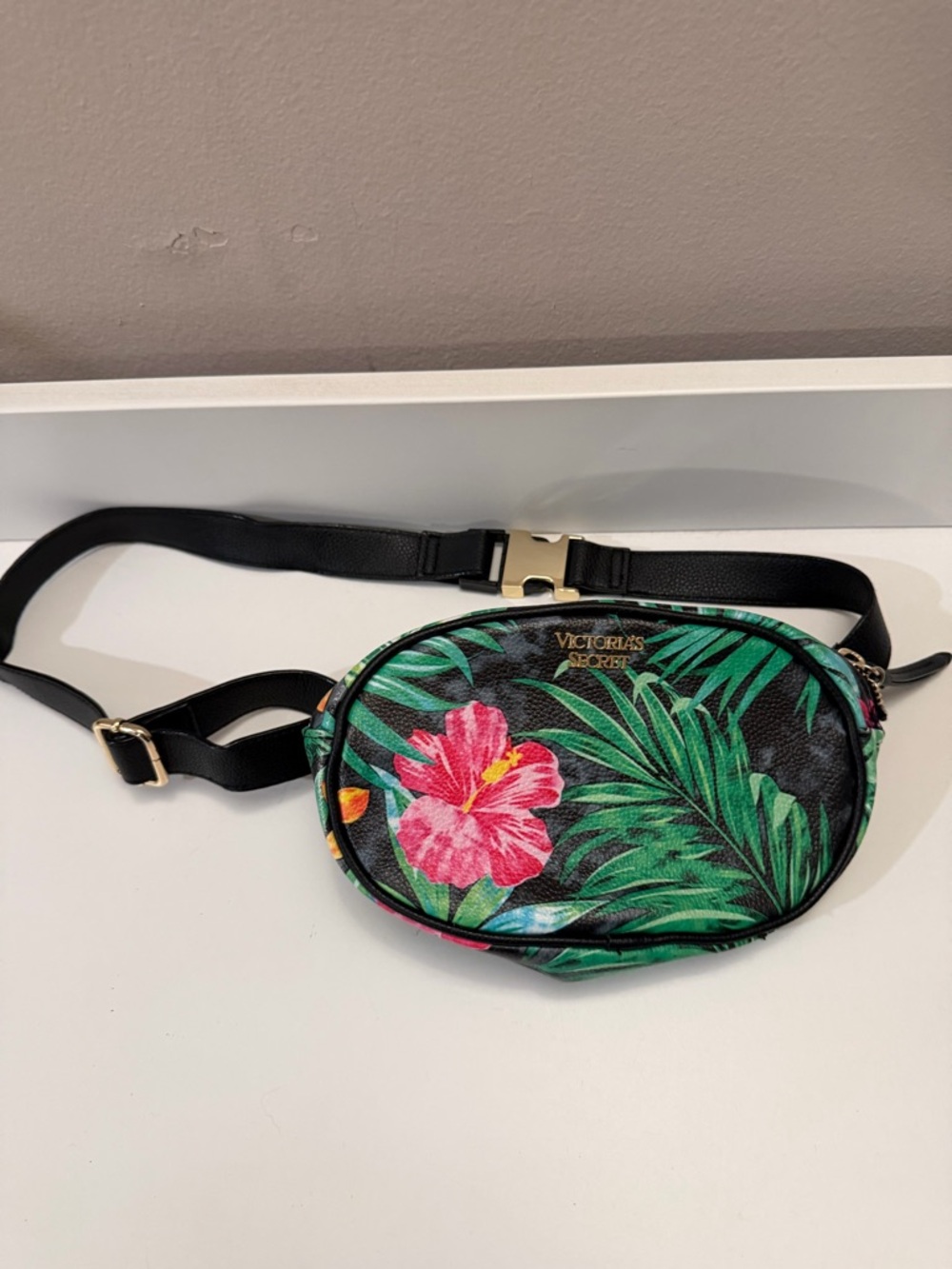 Victorias Secret Tropical Floral Belt Bag Fanny Pack Black Pink Hibiscus Gold